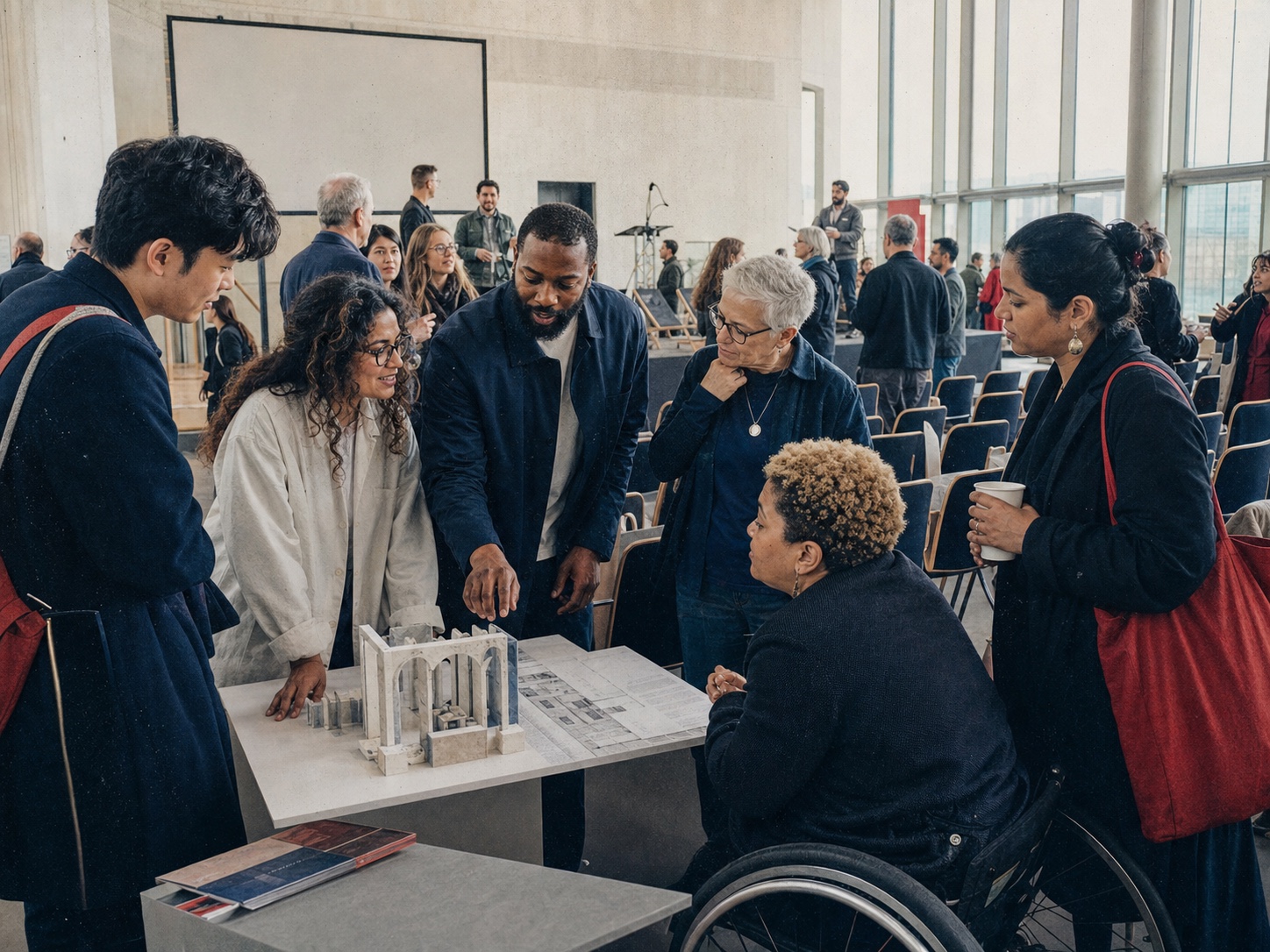 A diverse group of producers discussing a project during a public summit